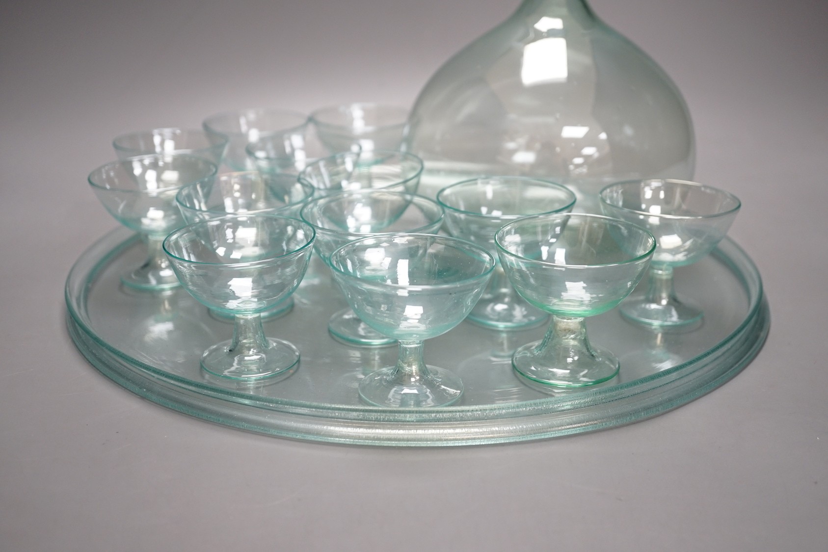 A 1930's Murano irridescent aqua glass liqueur set
